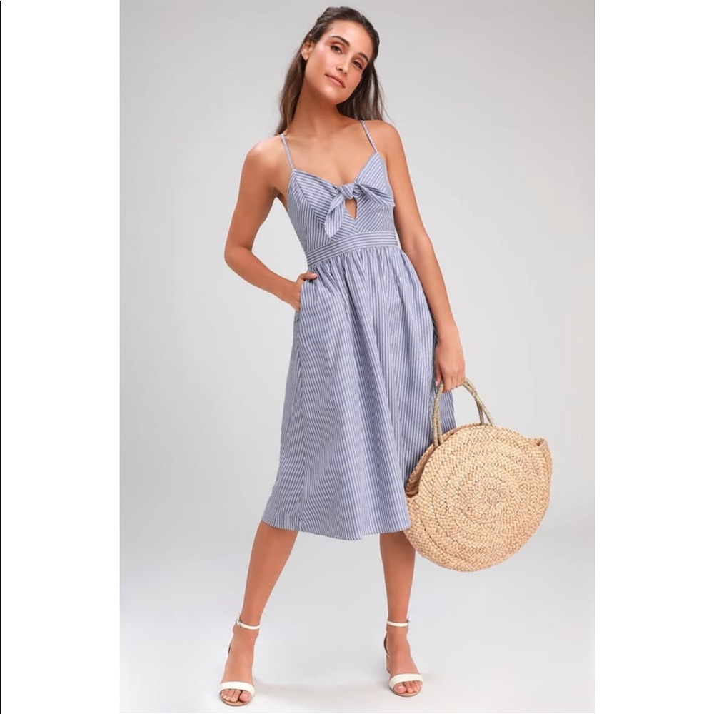 Lulus Joyful Days Blue Striped Knotted Front Midi Dress With Pockets (Small)